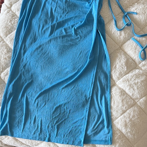 Bright Blue One-Shoulder Ruched Side Tie Dress - Picture 3 of 7